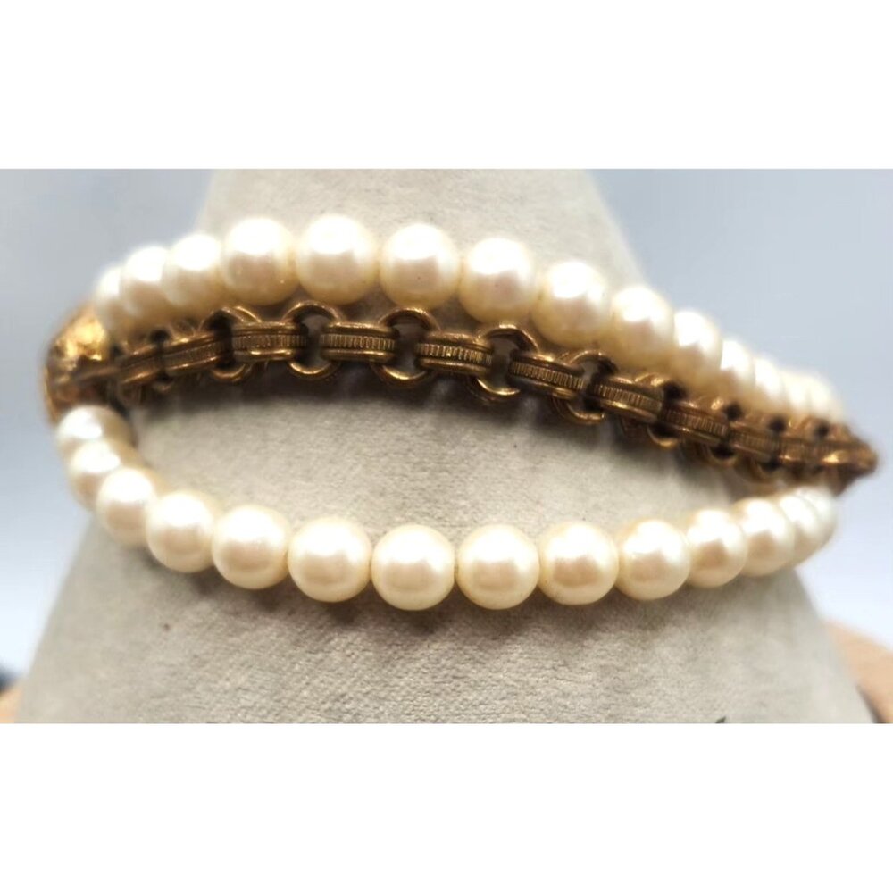Vintage Victorian Triple Strand Faux Pearl Bracelet, Filigree Slide Clasp - Picture 3 of 3